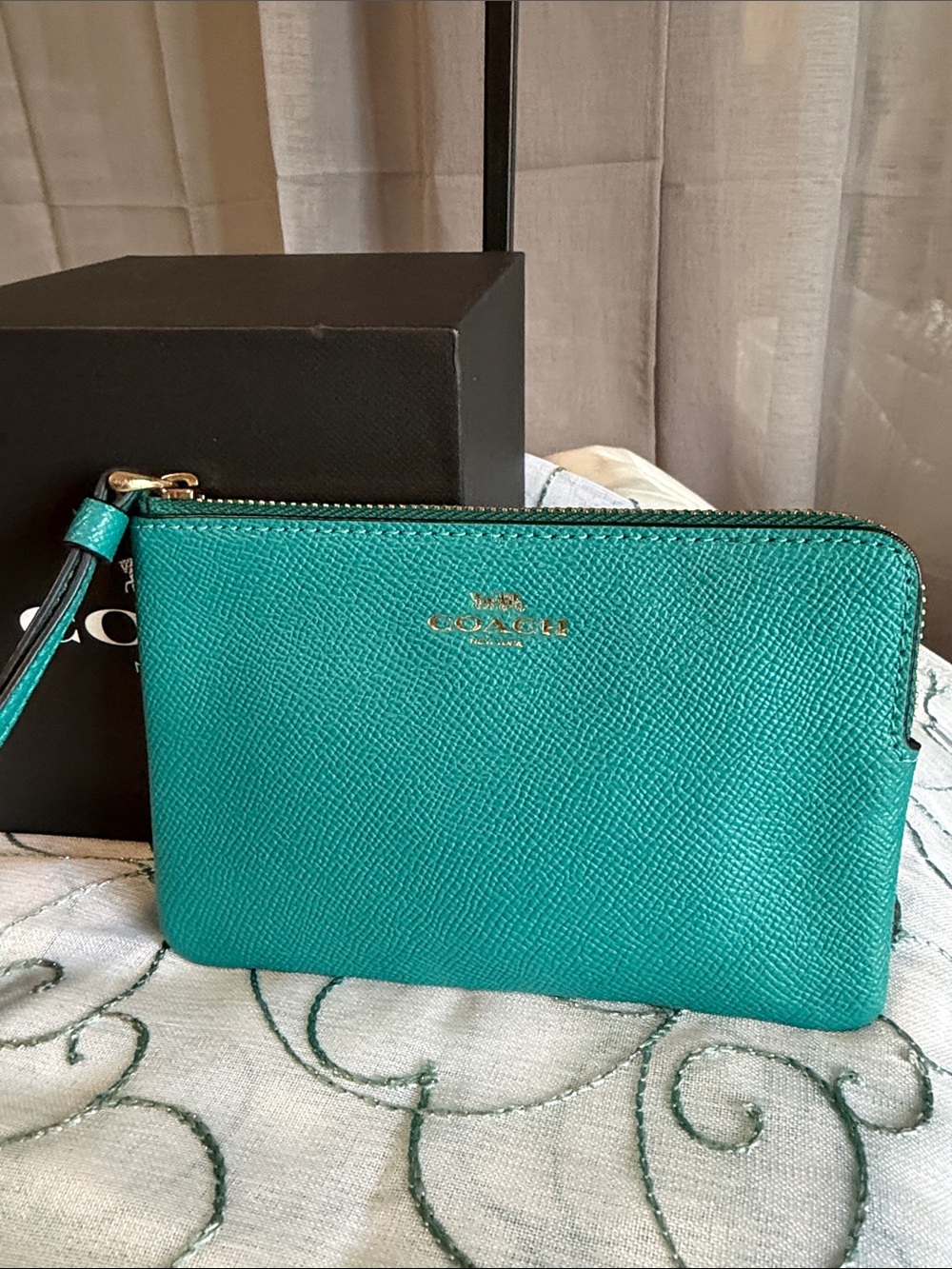 Coach Teal Leather Zip Wristlet with Gold Logo